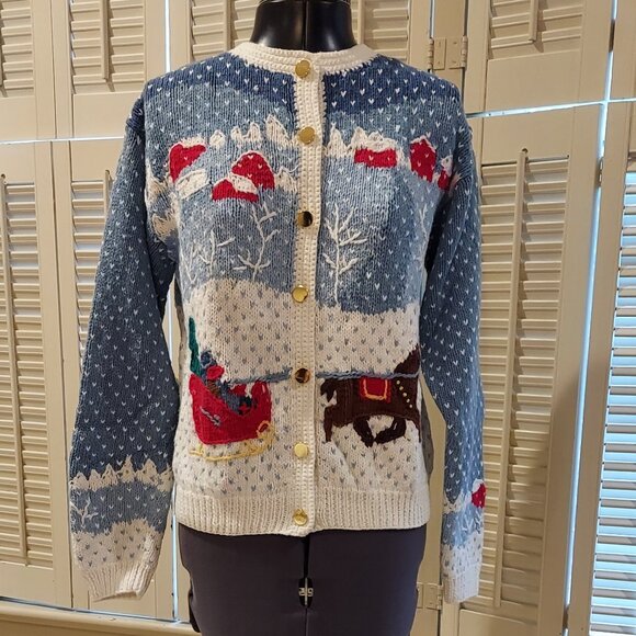 Orvis Sweaters - Vintage Orvis One Horse Sleigh w Snowflakes Ramie/Cotton Sweater Size S 6/8